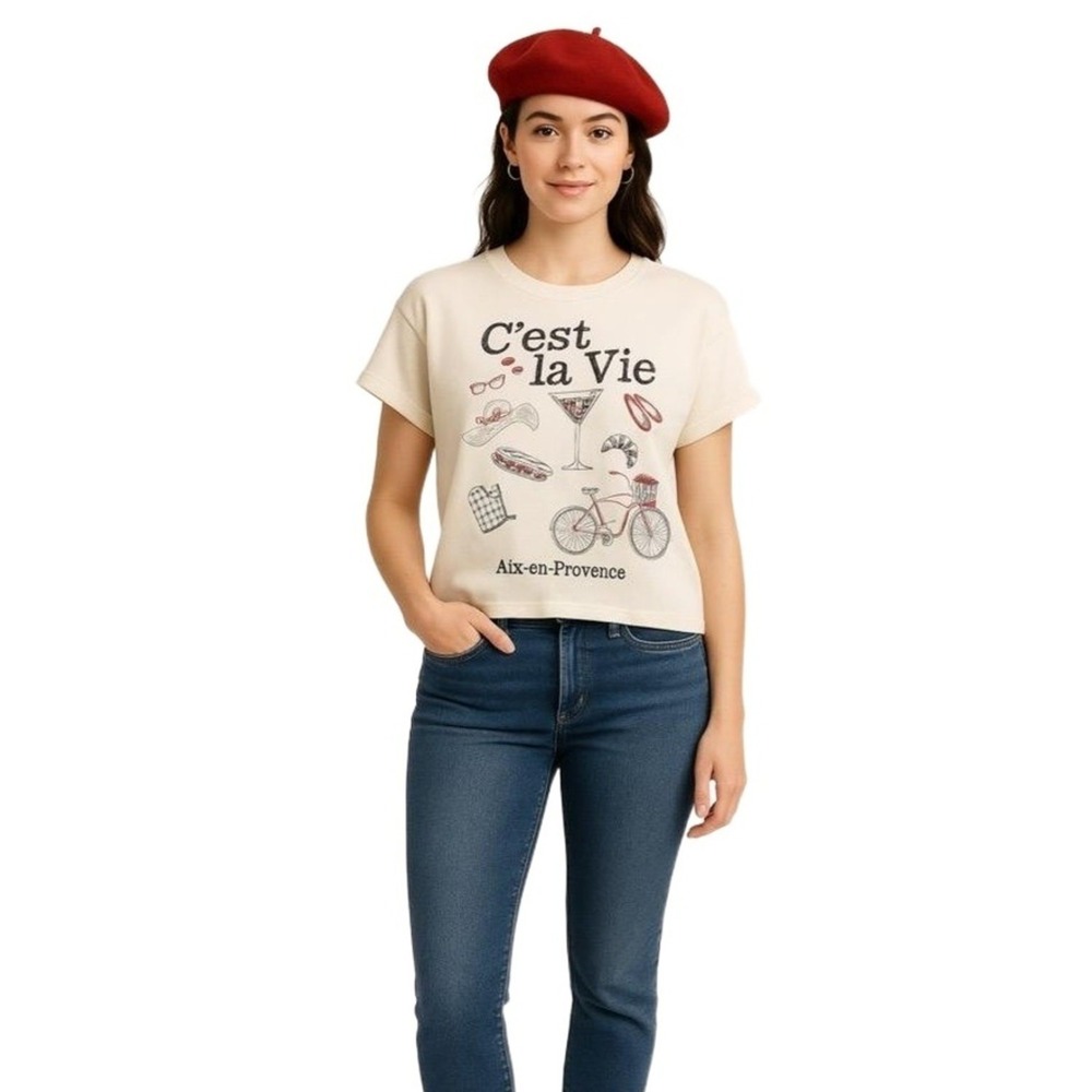 Vinyl Icons Sweatshirt Womens Large French "That's Life" Cropped Cap Sleeve - Picture 2 of 9